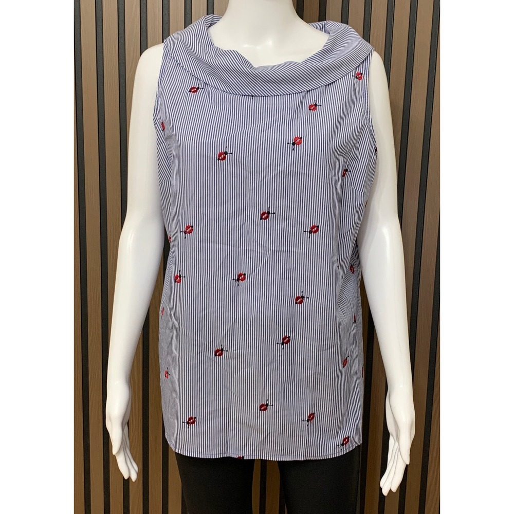 Talbots Ladybug Embroidered Striped Sleeveless Top Blue White Cotton Large